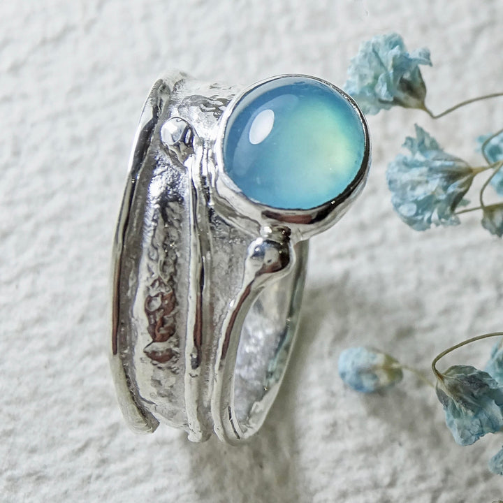 Wild Wood wide Tendril ring, Sea Blue Chalcedony ring