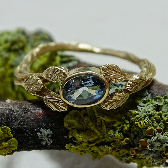 Entwining Leaves Ring, 6mm x 4mm Aquamarine, 9ct Gold