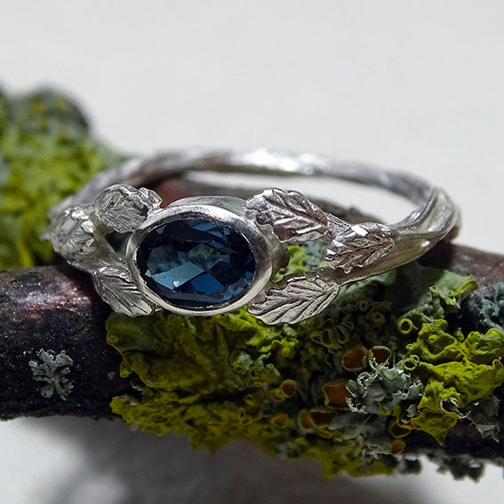 Entwining Leaves Ring, 6mm x 4mm London Blue Topaz, Silver