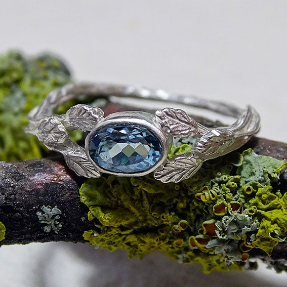 Entwining Leaves Ring, 6mm x 4mm Aquamarine, Silver