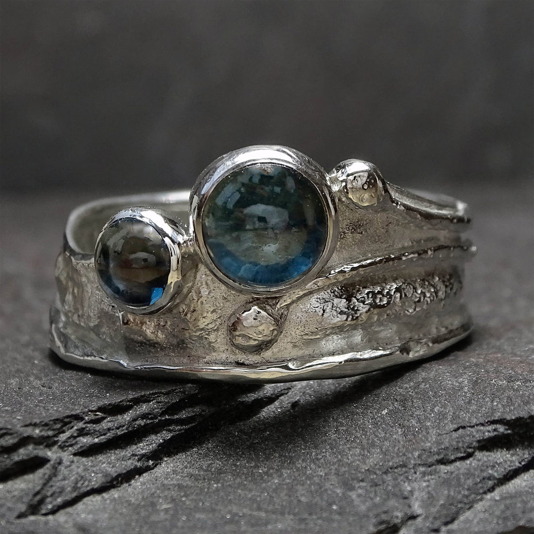 Wild Wood Tendril Ring, Silver, 7mm London Blue Topaz, 5mm Swiss Blue Topaz