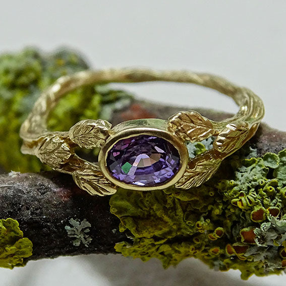 Entwining Leaves Ring, 6mm x 4mm Purple Sapphire, 9ct Gold