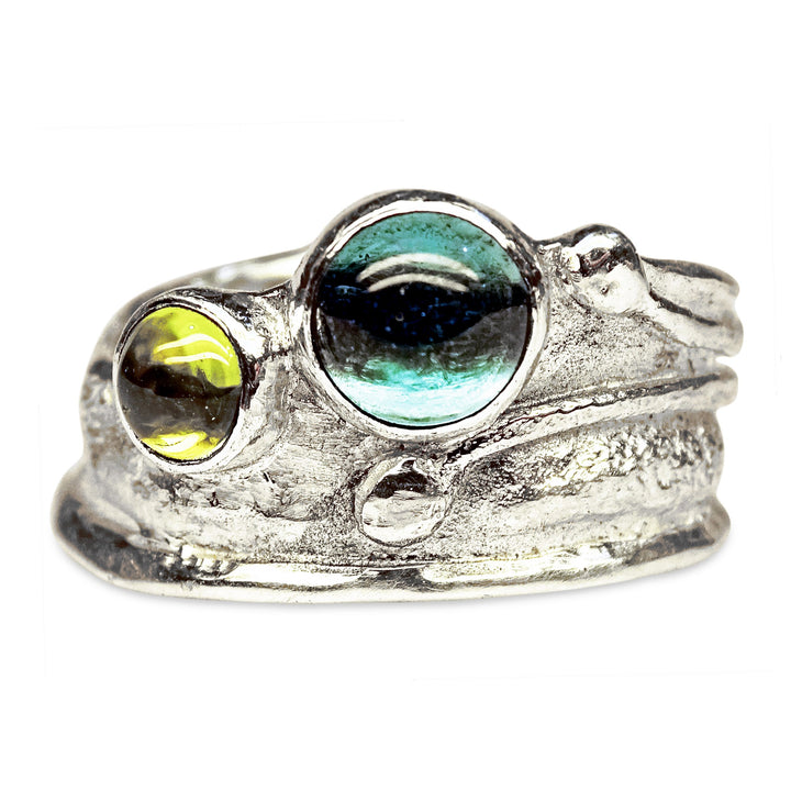 Wide Wild Wood Tendril Ring, 5mm Peridot, 7mm Swiss Blue Topaz