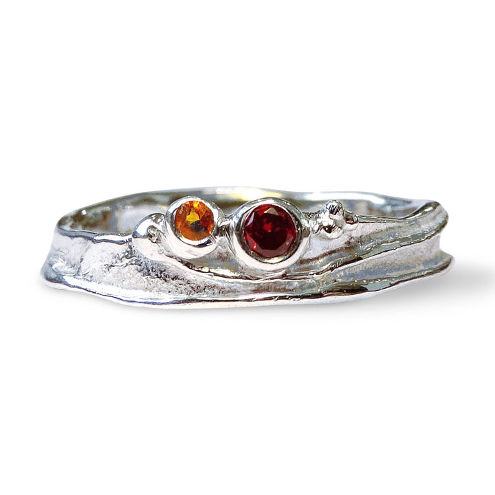 Narrow Wild Wood Tendril Ring, Madeira Citrine, Mozambique Garnet