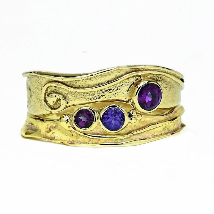 Wild Wood Narrow Tendril Ring set, Amethyst and Tanzanite, 9ct Gold