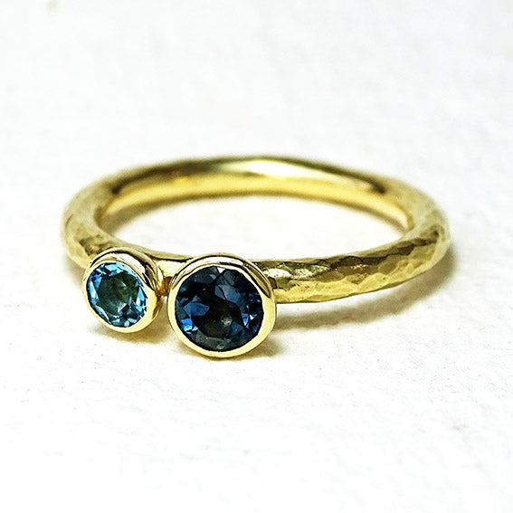 Duo Ring, 9ct Gold, 5mm London Blue Topaz, 4mm Swiss Blue Topaz