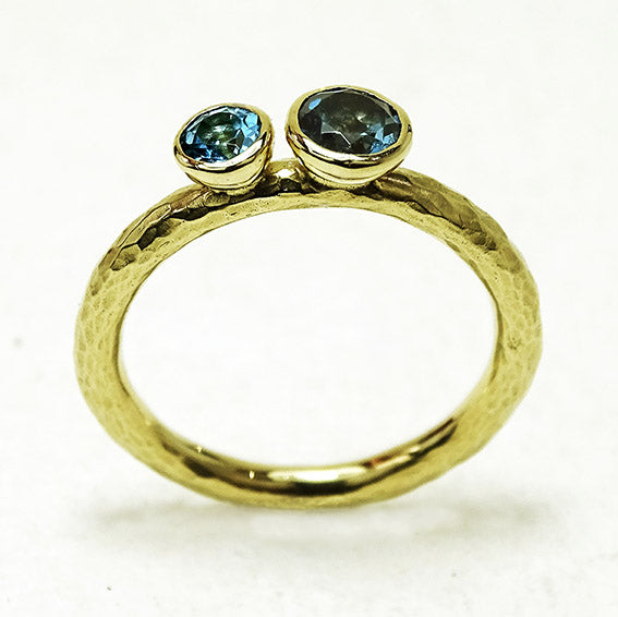Duo Ring, 9ct Gold, 5mm London Blue Topaz, 4mm Swiss Blue Topaz