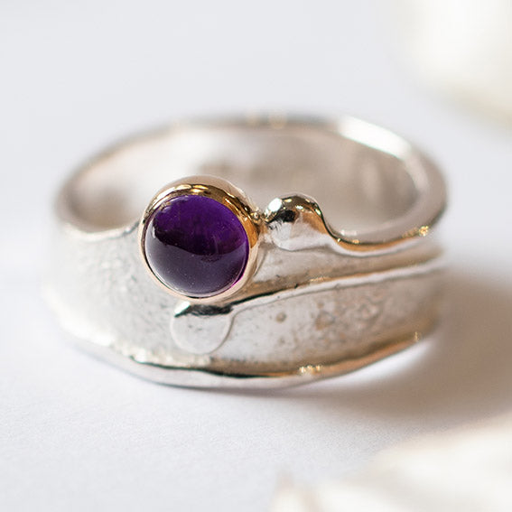 Wild Wood Tendril Ring, 5mm Amethyst, Silver and Gold