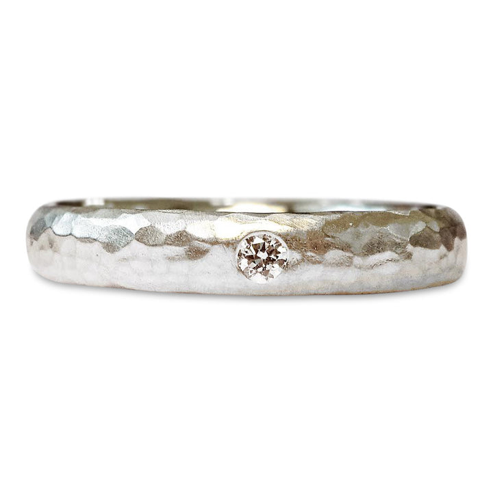 Hammered Ring, 9ct White gold, 3mm Wide, Diamond