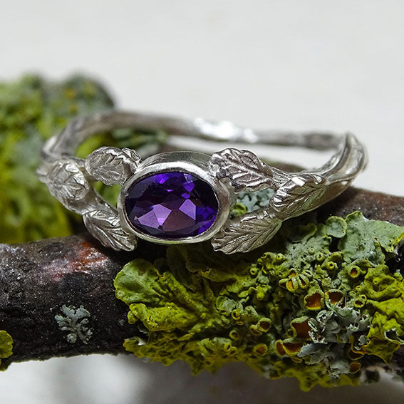 Entwining Leaves Ring, 6mm x 4mm Amethyst, Silver