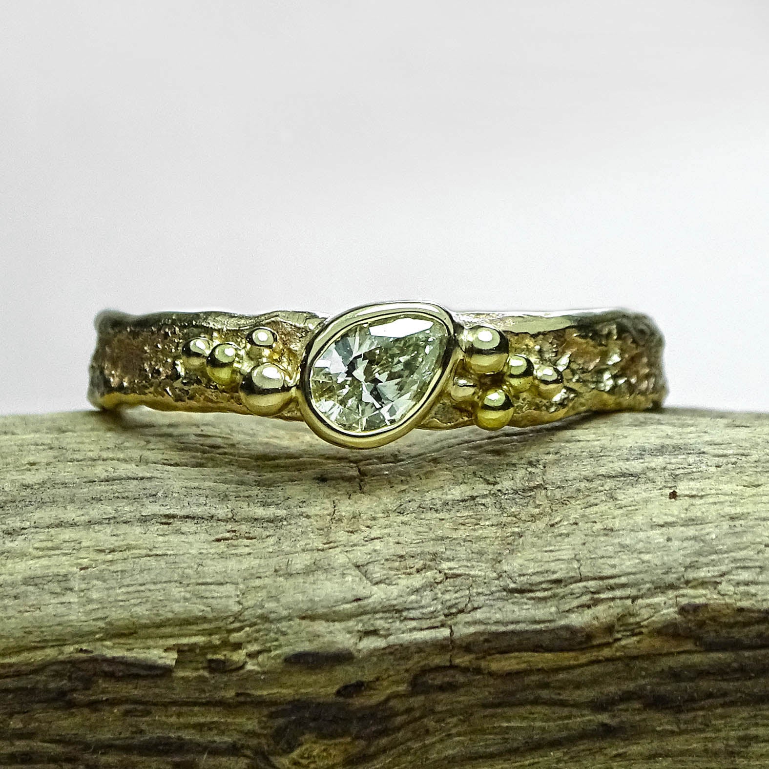 Bark Seed Cluster ring, Pear cut Diamond, salt and pepper, 6mm x 4mm, 9ct gold