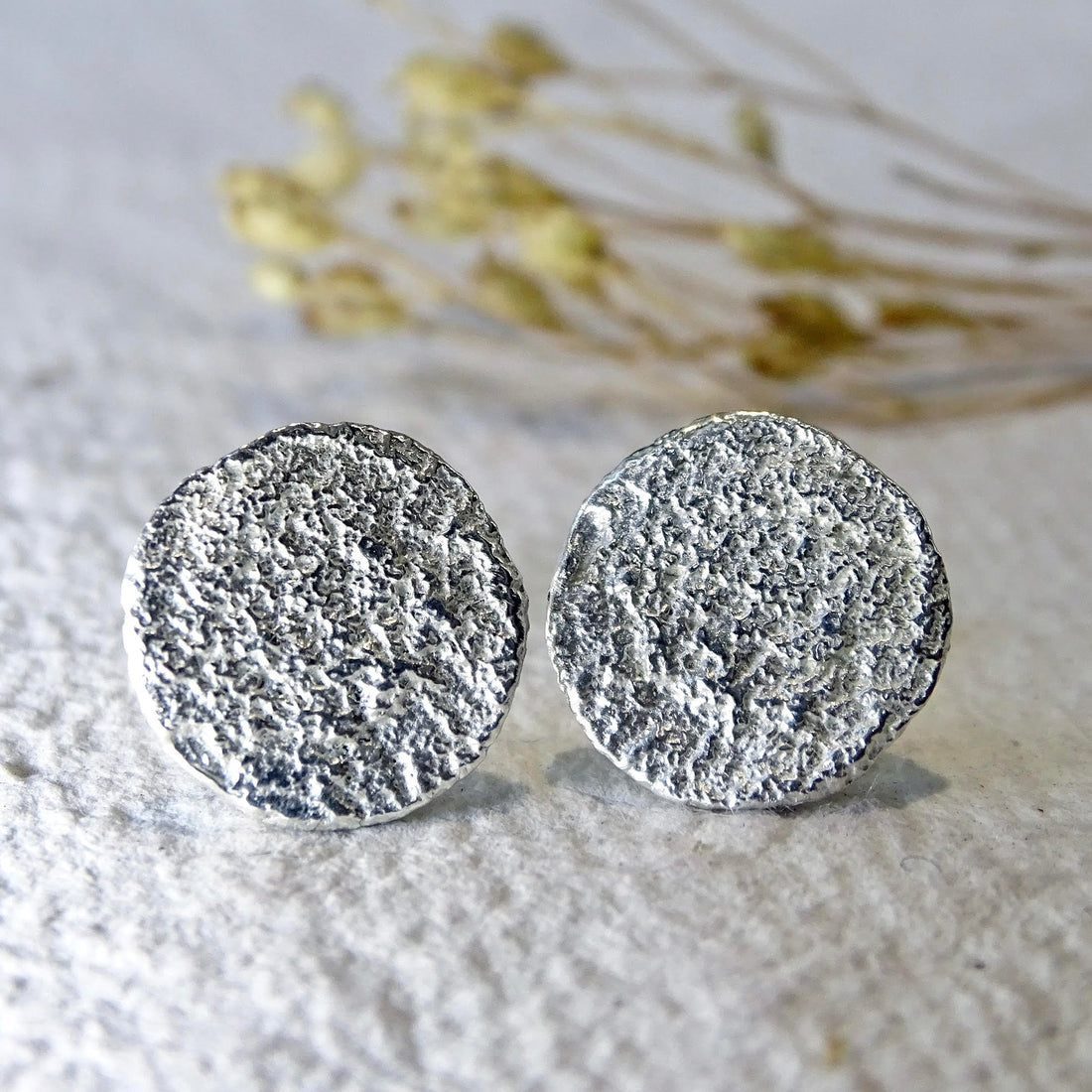 Bark Small Round Stud Earrings, silver, 11 mm diameter