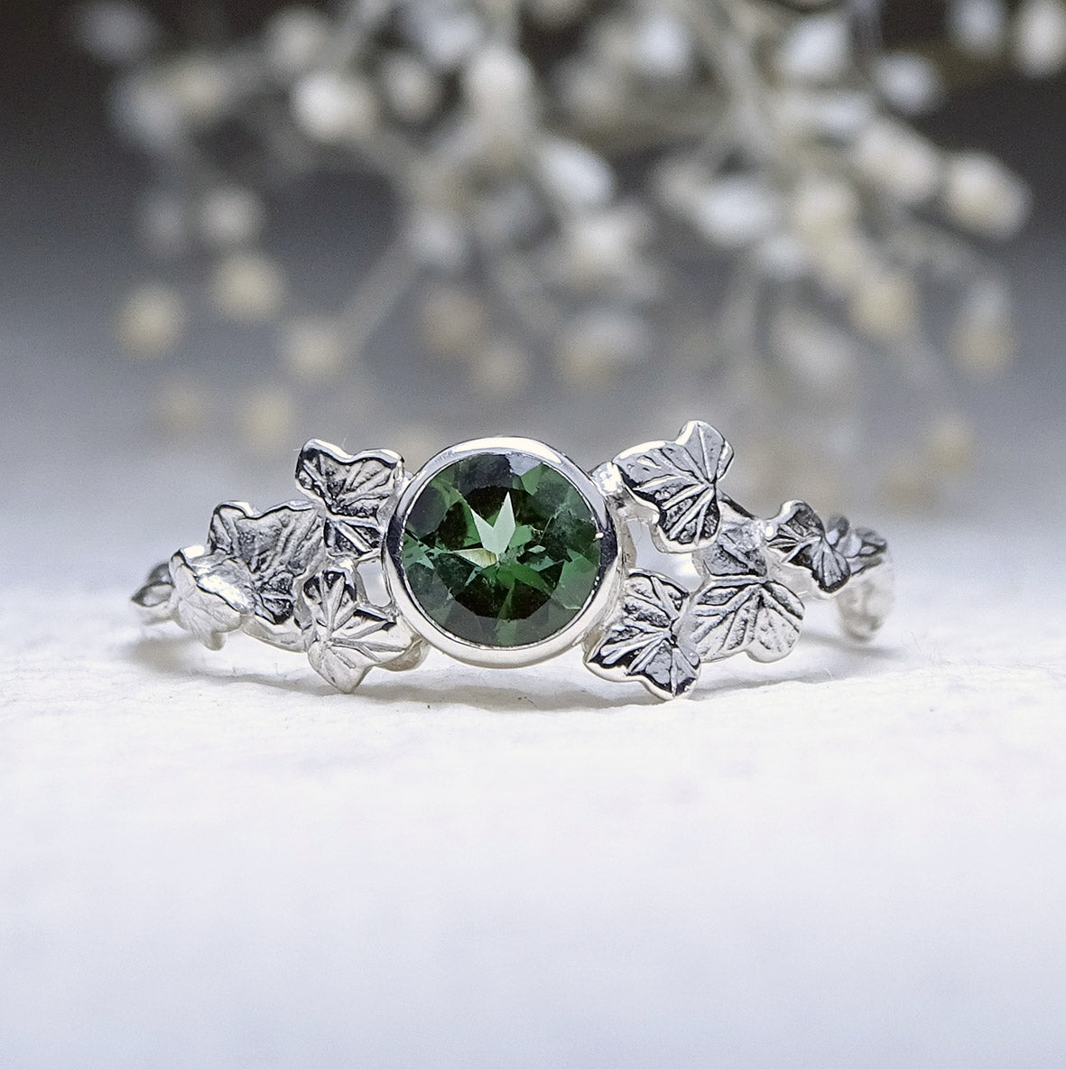 Entwining Ivy Leaves ring, 5mm Green Tourmaline