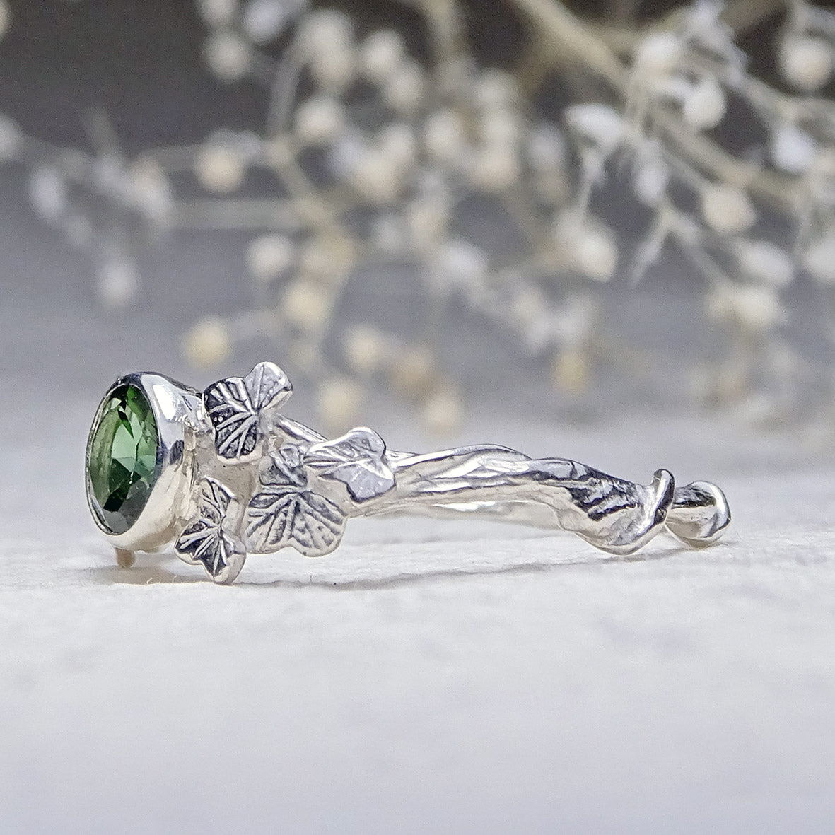 Entwining Ivy Leaves ring, 5mm Green Tourmaline