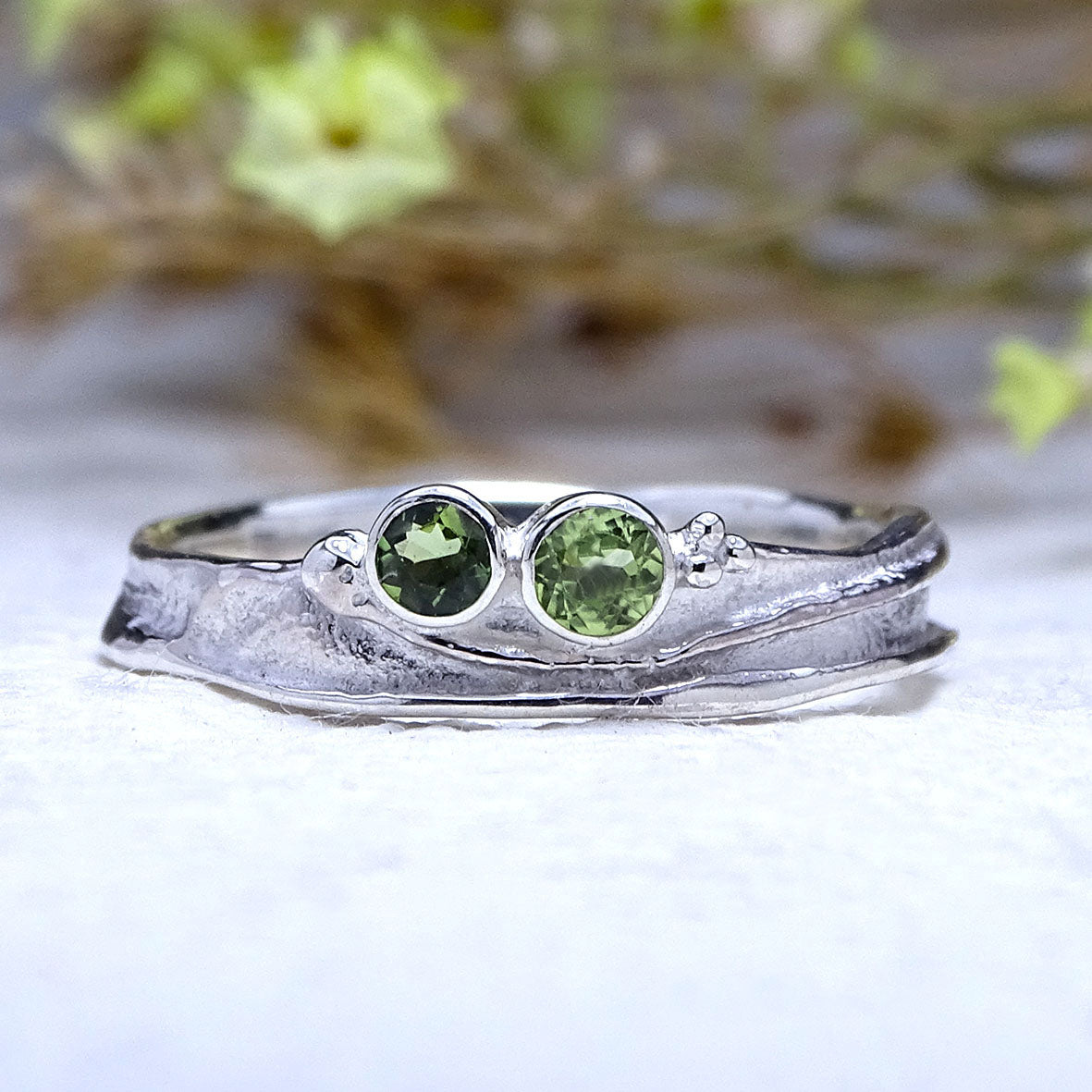 Wild Wood Tendril and Spiral ring set, Peridot and Green Tourmaline