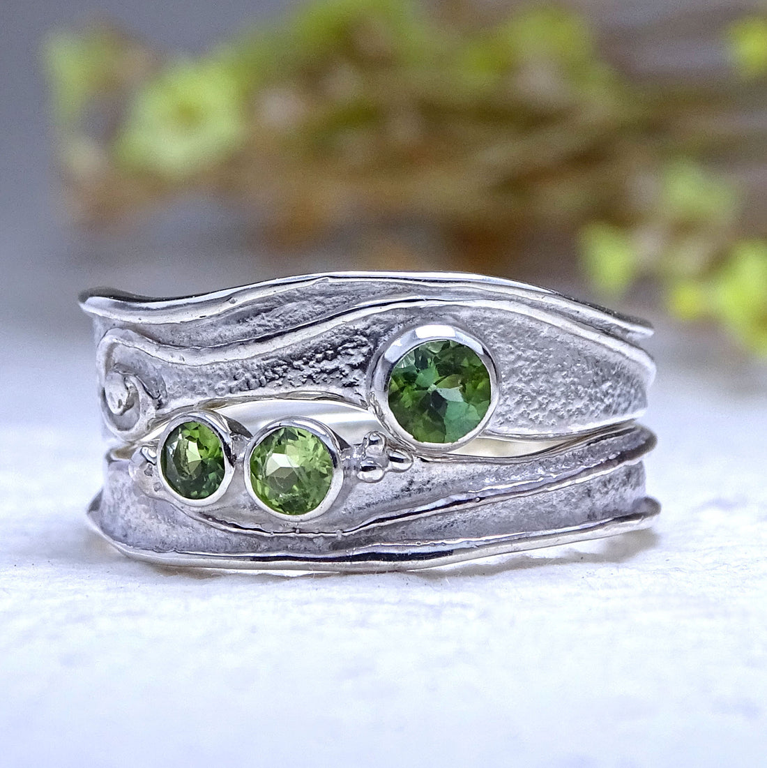 Wild Wood Tendril and Spiral ring set, Peridot and Green Tourmaline