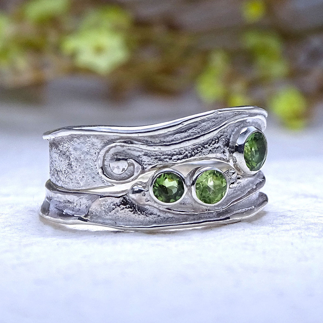 Wild Wood Tendril and Spiral ring set, Peridot and Green Tourmaline