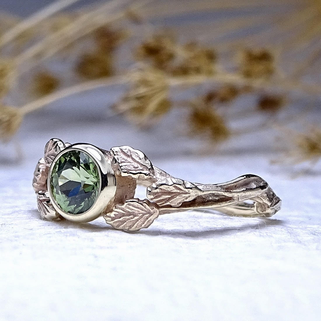 Entwining Leaves ring, 5mm Green Sapphire, 9ct yellow gold