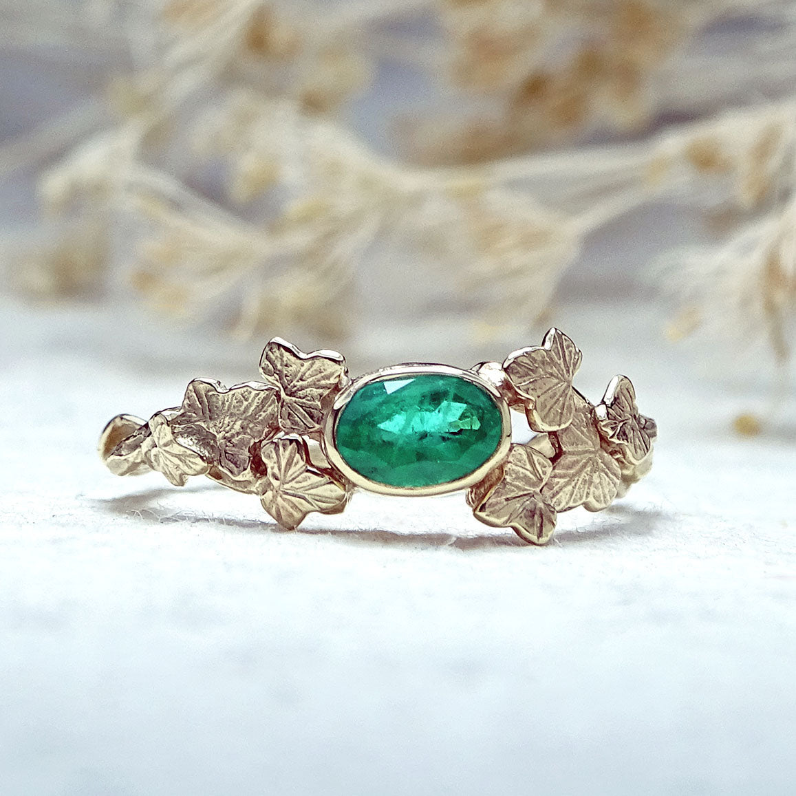Entwining Ivy Leaves ring, 6mm x 4mm Emerald, 9ct yellow gold