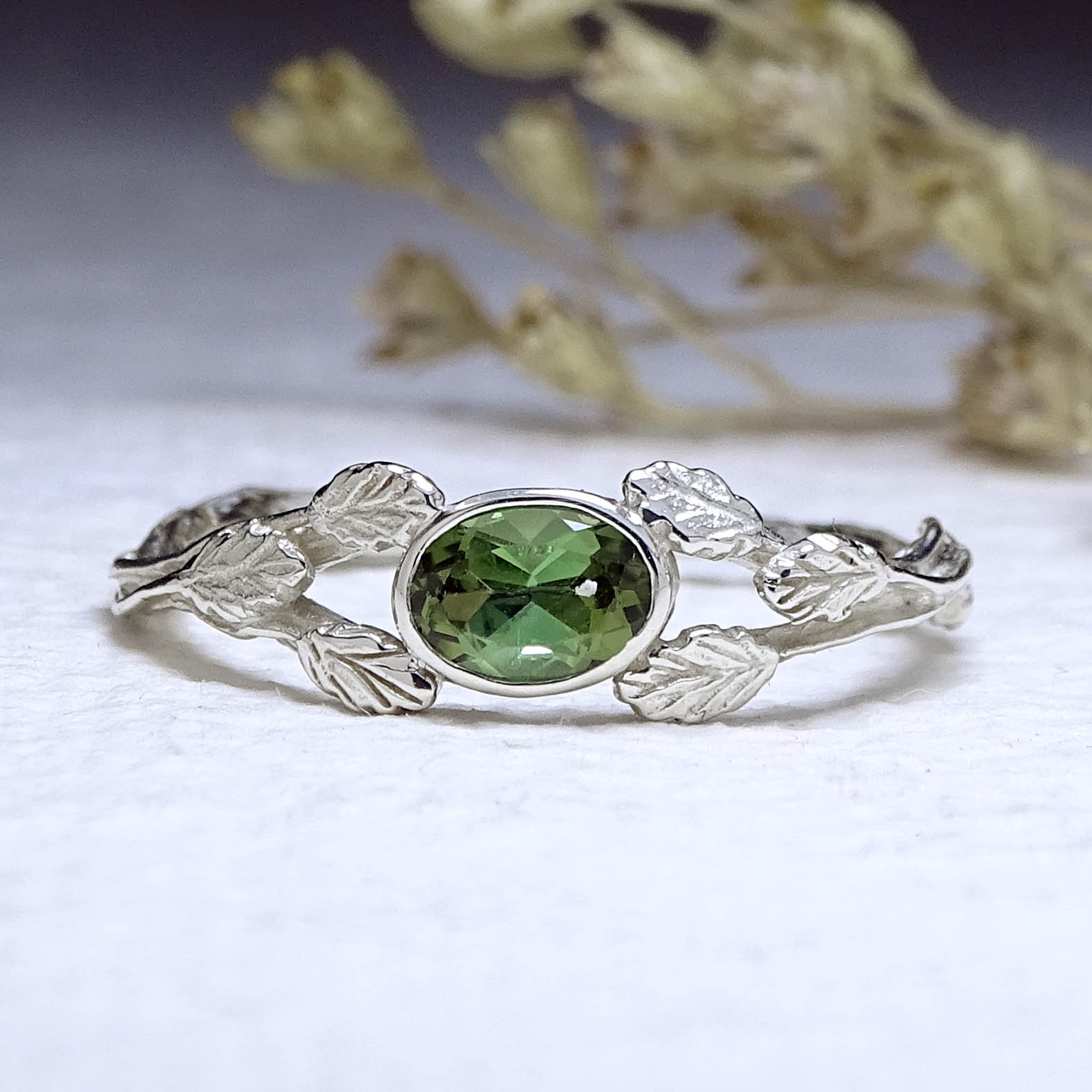 Entwining Leaves ring, 9ct white gold, 6mm x 4mm Green Tourmaline