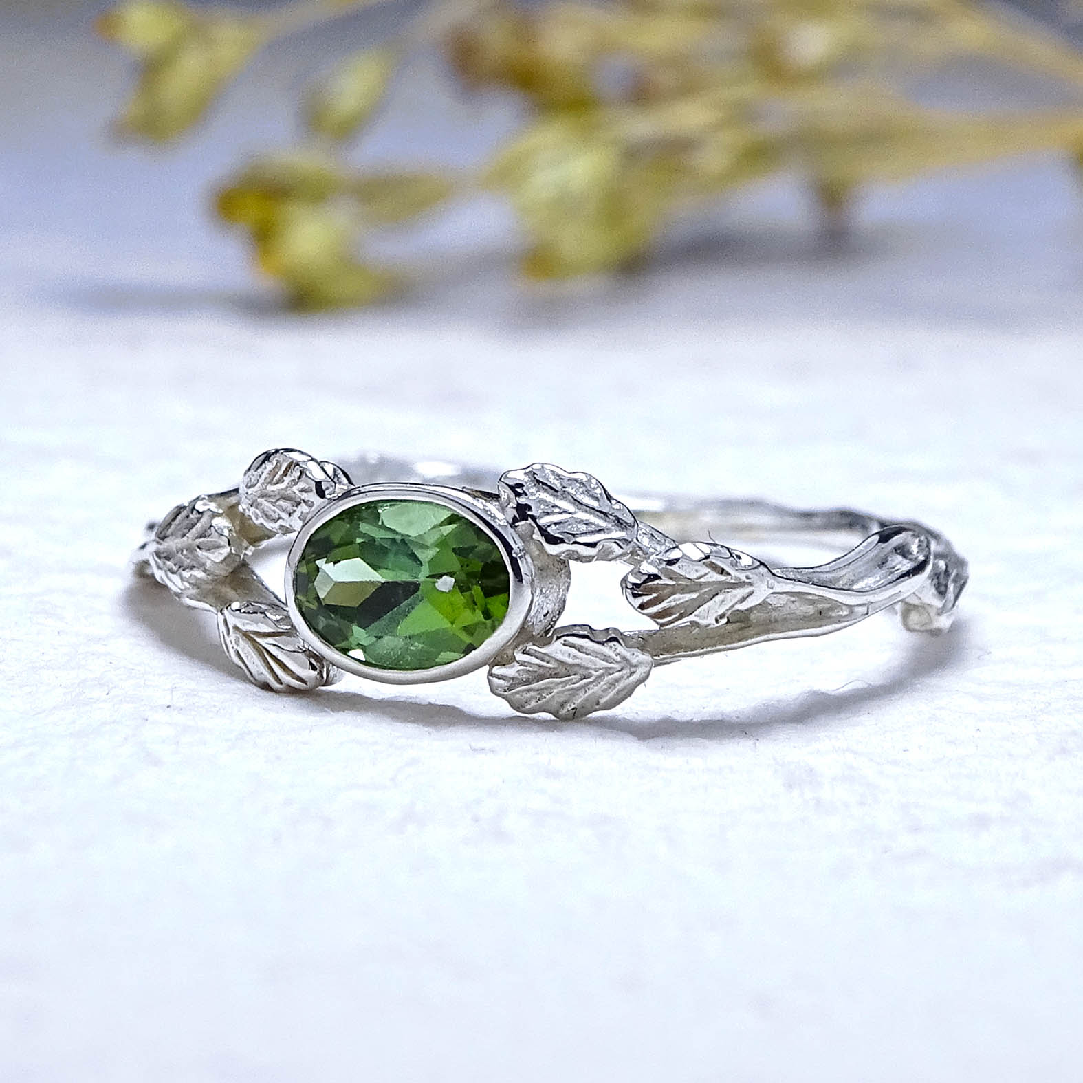 Entwining Leaves ring, 9ct white gold, 6mm x 4mm Green Tourmaline