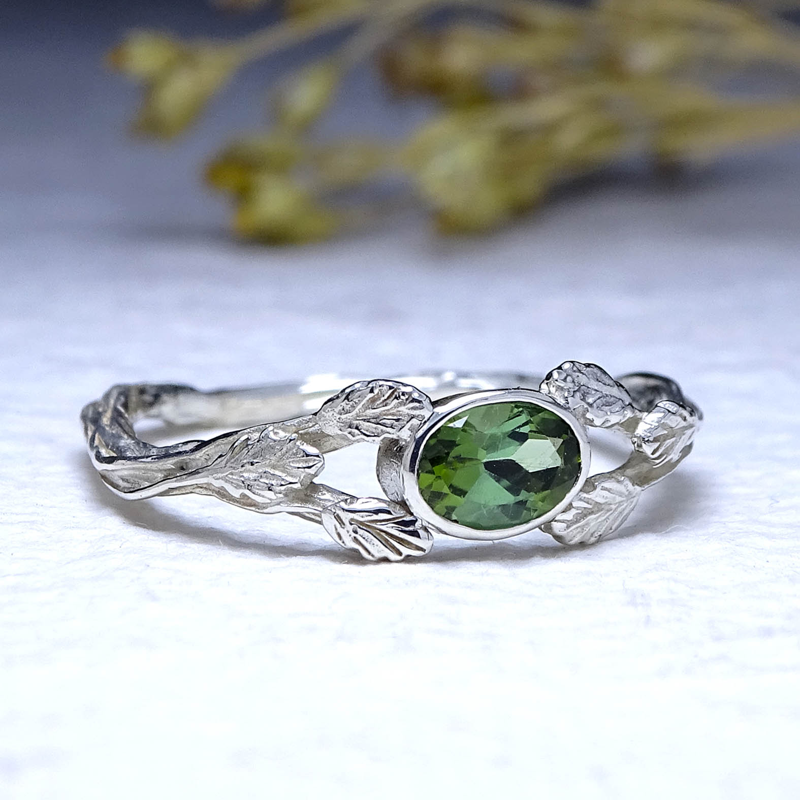 Entwining Leaves ring, 9ct white gold, 6mm x 4mm Green Tourmaline