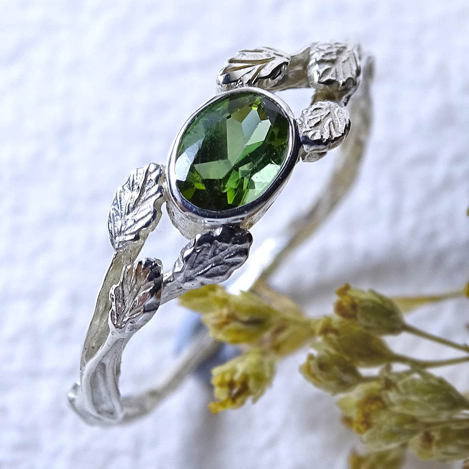 Entwining Leaves ring, 9ct white gold, 6mm x 4mm Green Tourmaline
