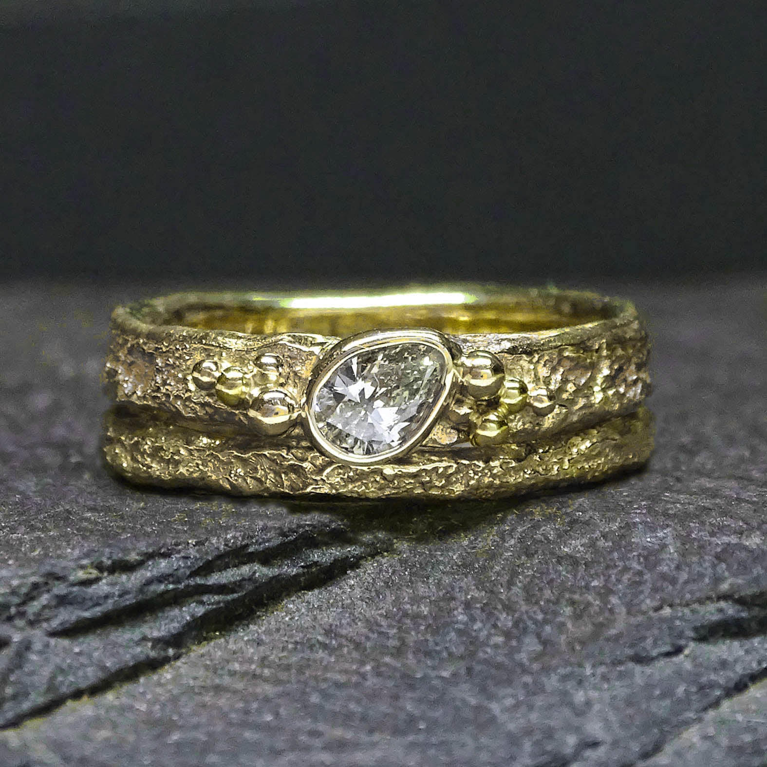 Bark Seed Cluster ring, Pear cut Diamond, salt and pepper, 6mm x 4mm, 9ct gold