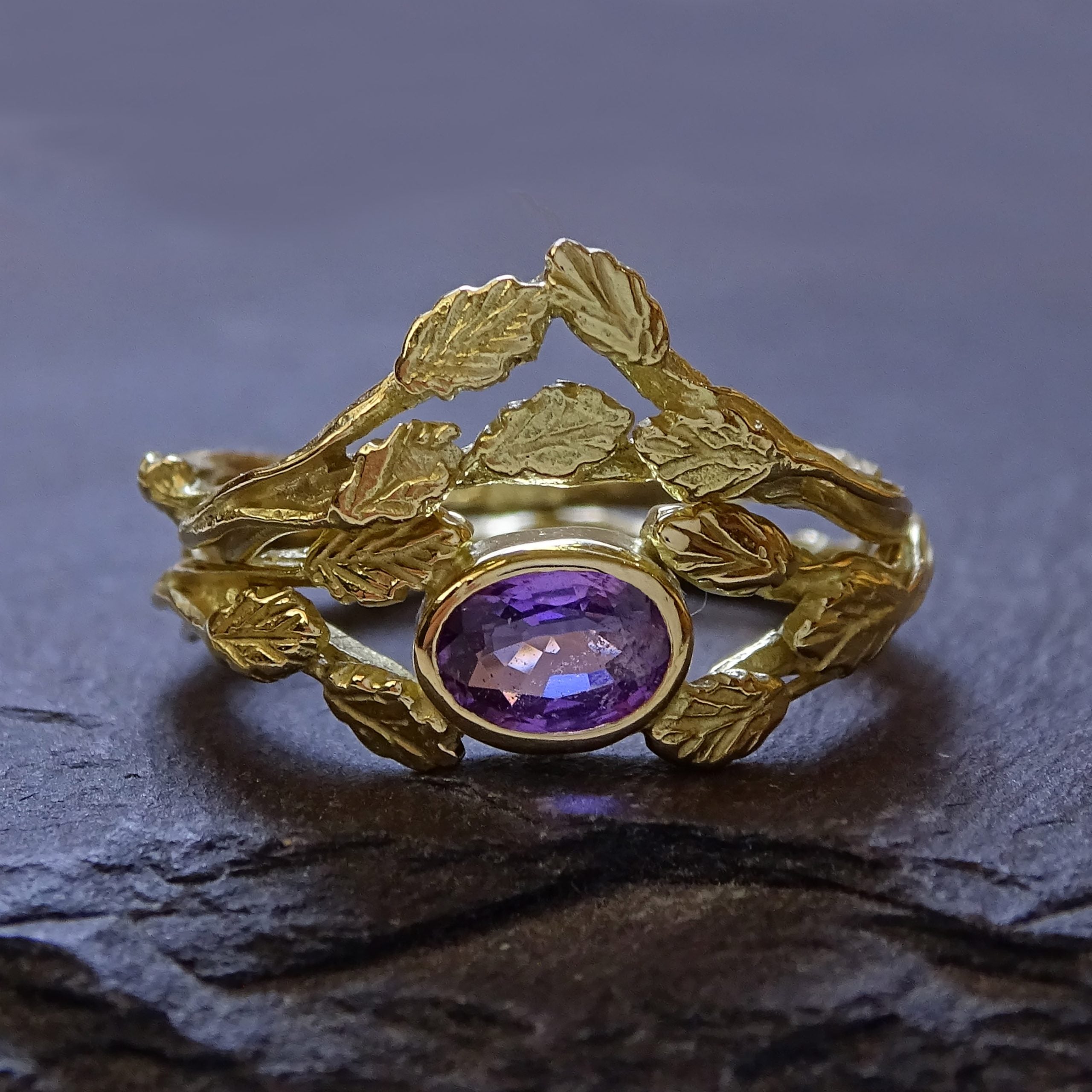 Entwining Leaves ring, Purple Sapphire 6mm x 4mm, 18ct yellow gold
