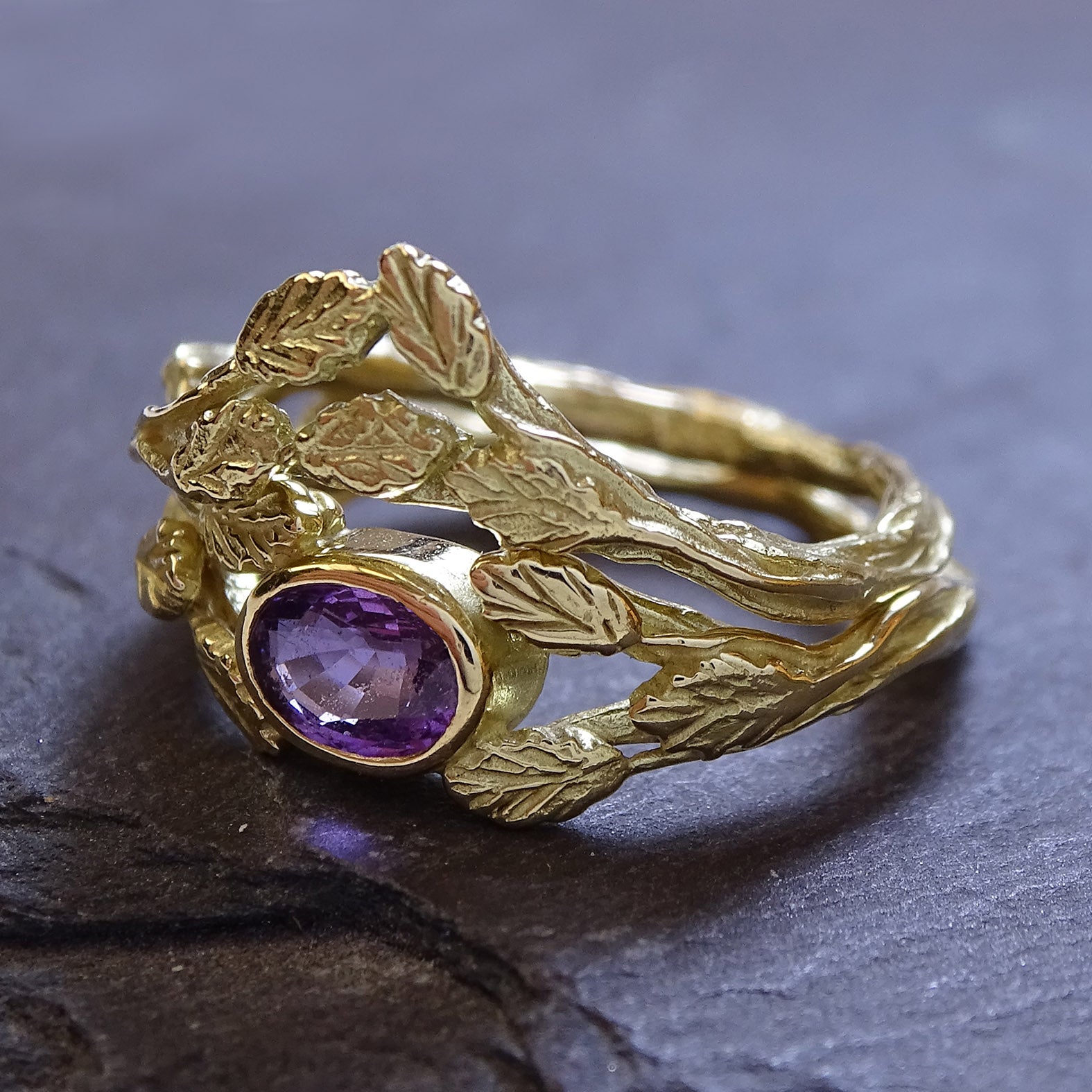 Entwining Leaves ring, Purple Sapphire 6mm x 4mm, 18ct yellow gold
