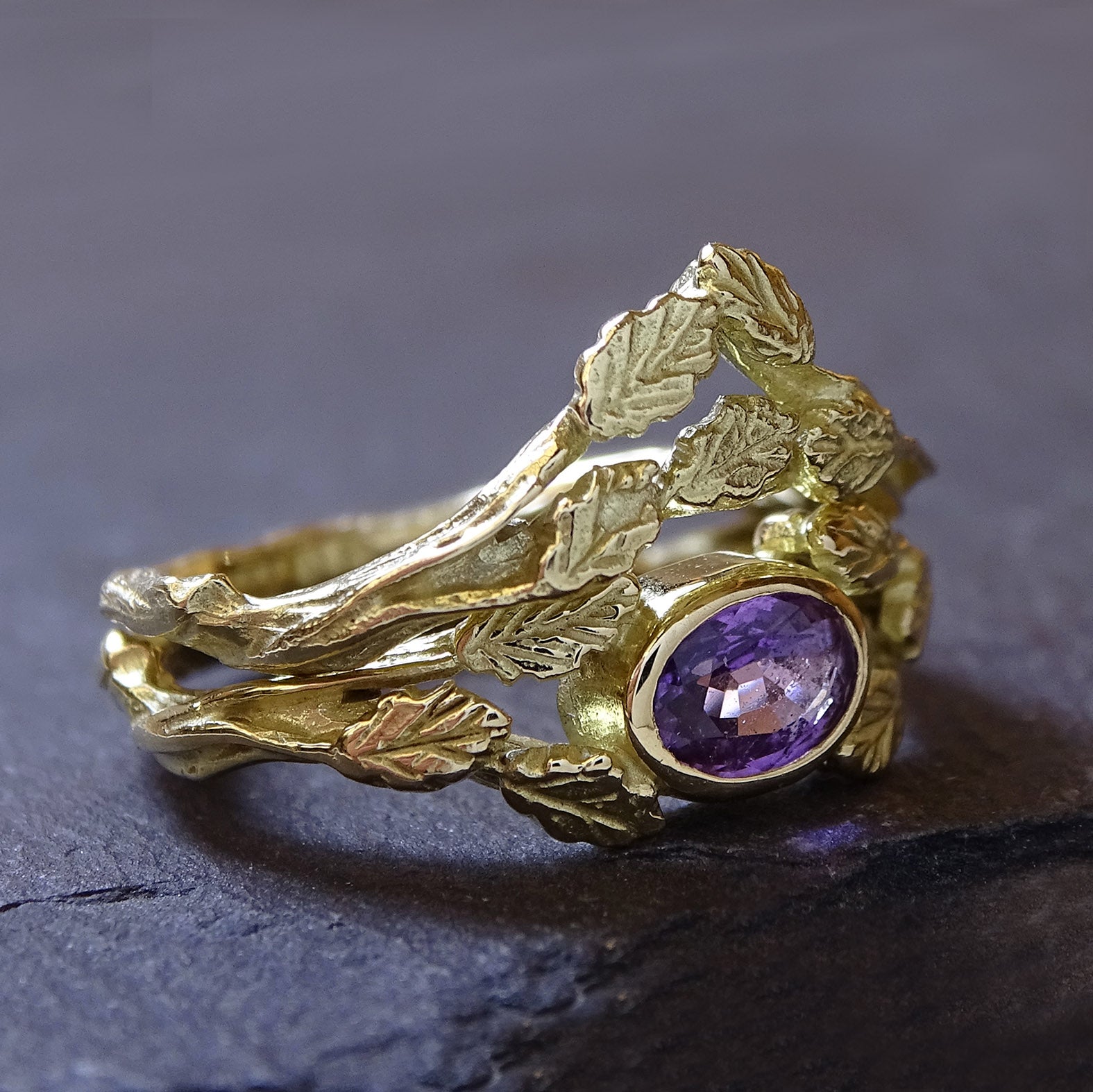 Entwining Leaves ring, Purple Sapphire 6mm x 4mm, 18ct yellow gold