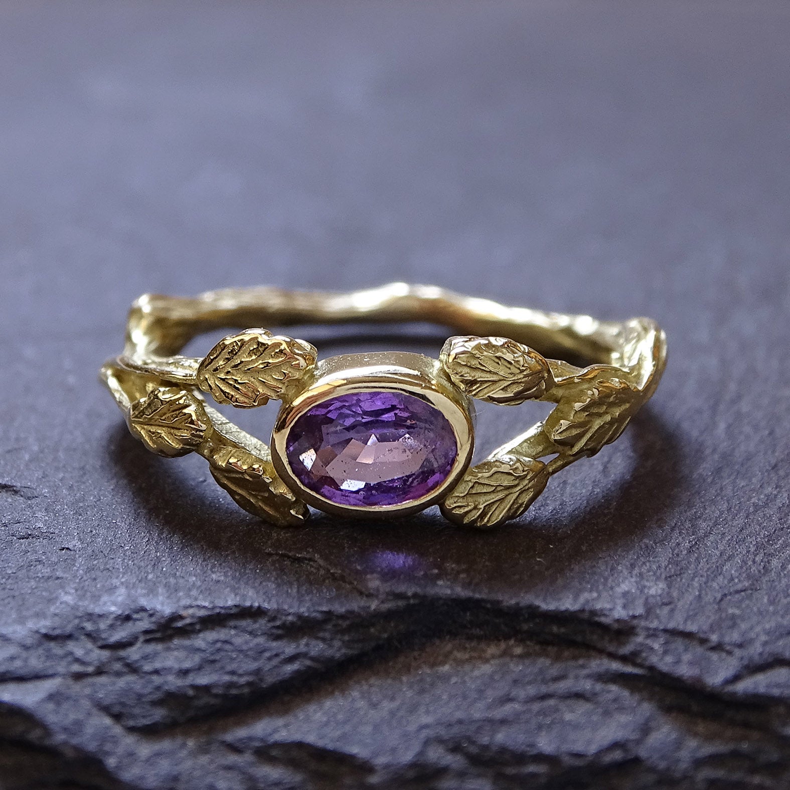 Entwining Leaves ring, Purple Sapphire 6mm x 4mm, 18ct yellow gold