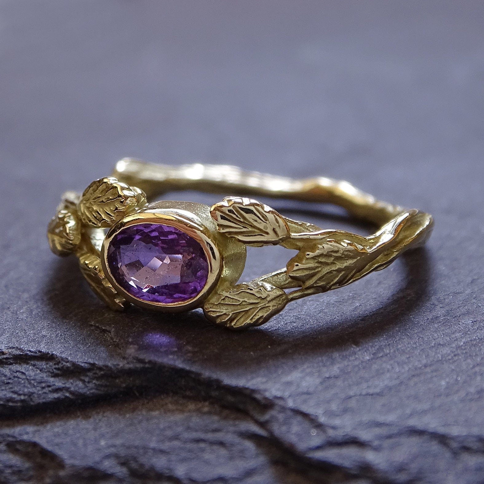 Entwining Leaves ring, Purple Sapphire 6mm x 4mm, 18ct yellow gold