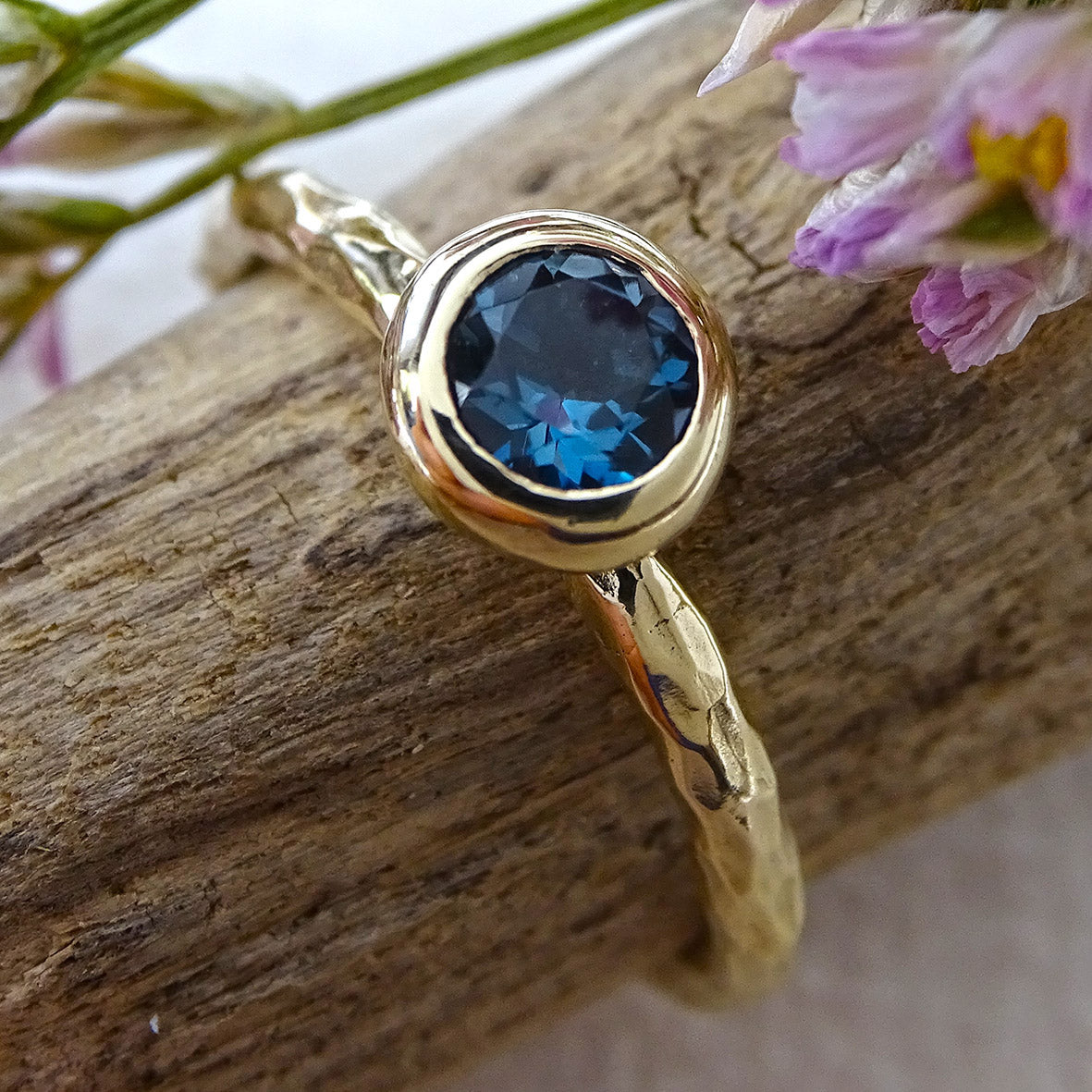 Pebble ring stack, 4.50mm London Blue Topaz, 4.00mm Swiss Blue Topaz, 3.50mm Green Tourmaline, 9ct gold