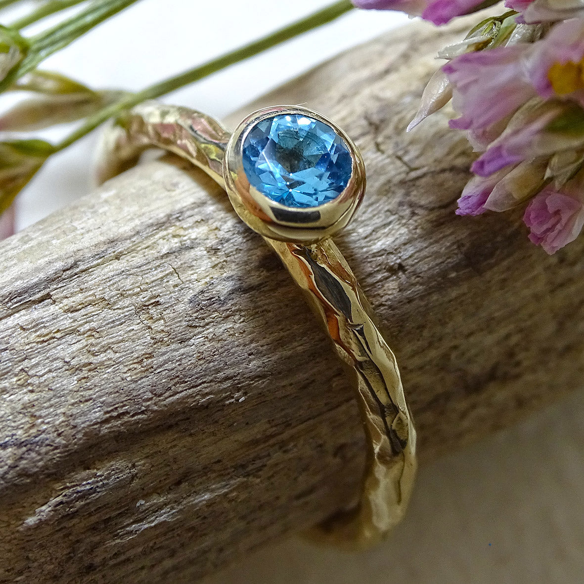 Pebble ring stack, 4.50mm London Blue Topaz, 4.00mm Swiss Blue Topaz, 3.50mm Green Tourmaline, 9ct gold