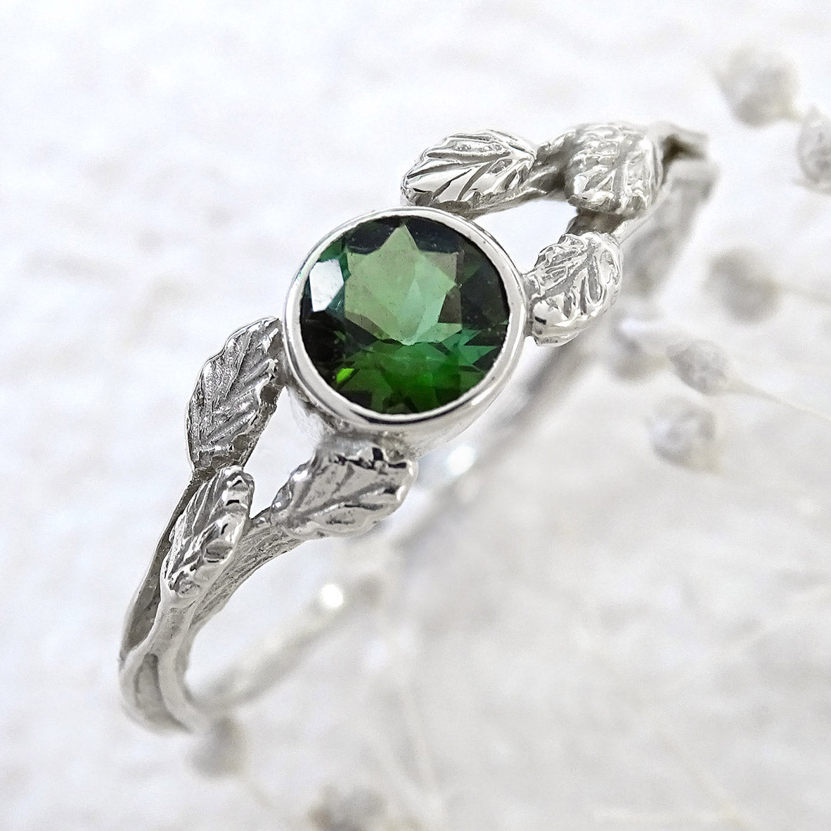 Entwining Leaves ring, 5mm Green Tourmaline, 9ct white gold