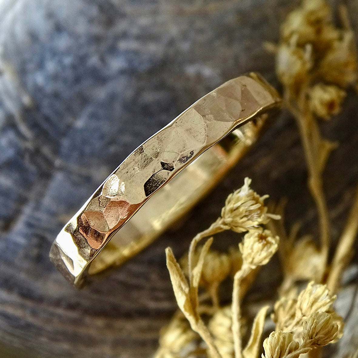 Hammered ring, 3mm x 2mm profile, 9ct gold