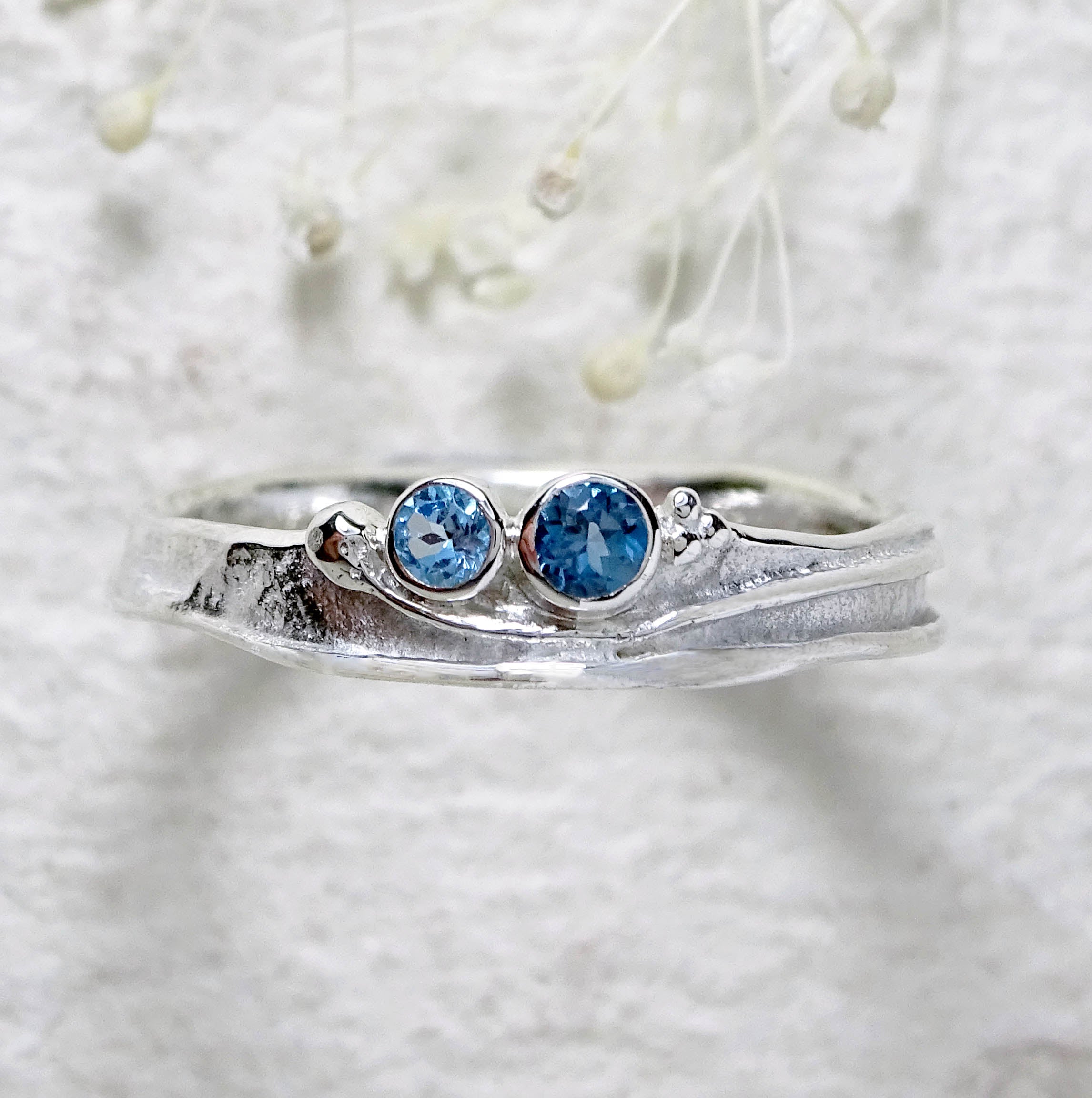 Narrow Wild Wood Tendril Ring, Swiss and London Blue Topaz