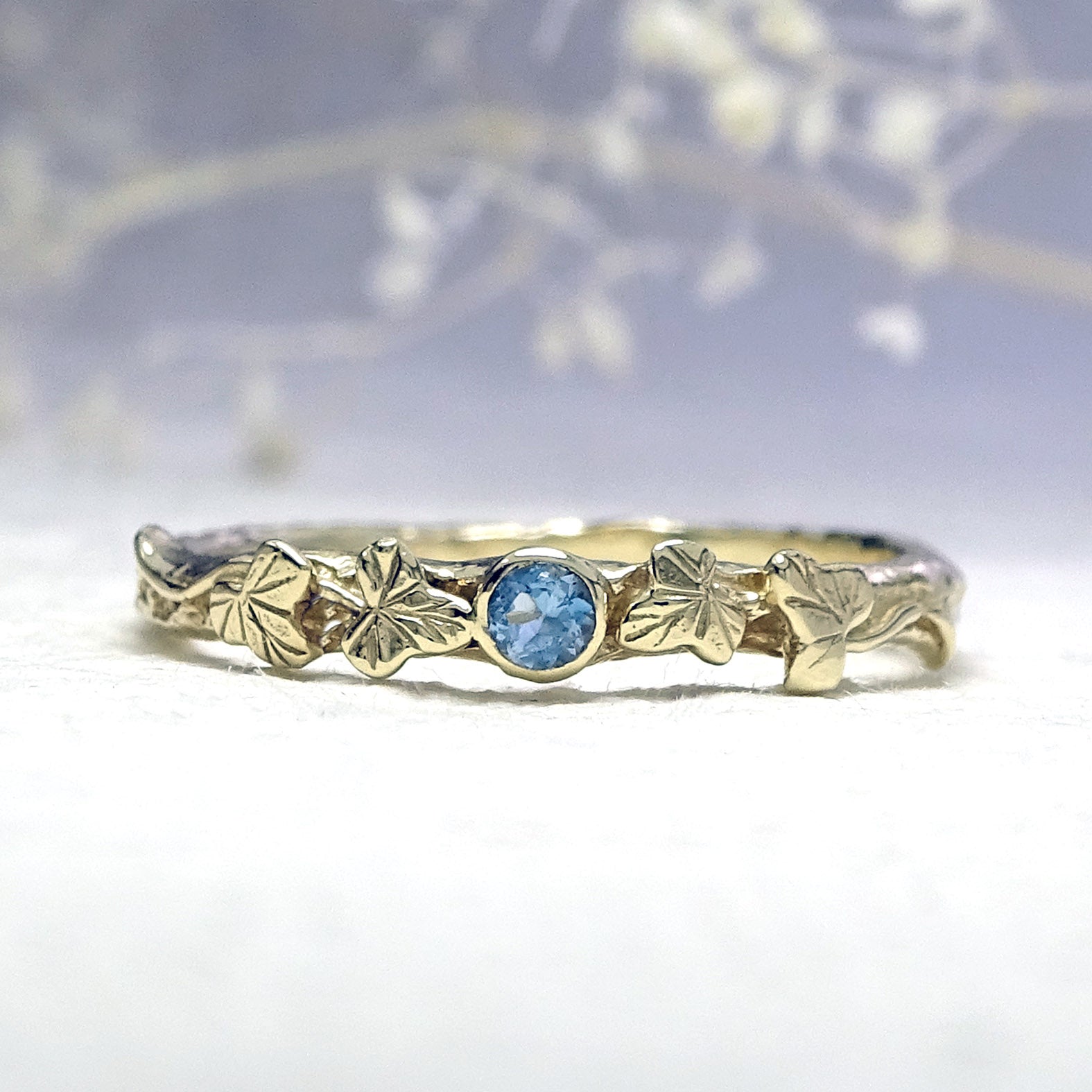 Entwining Ivy Leaves ring, Aquamarine, 2.5mm, 9ct gold