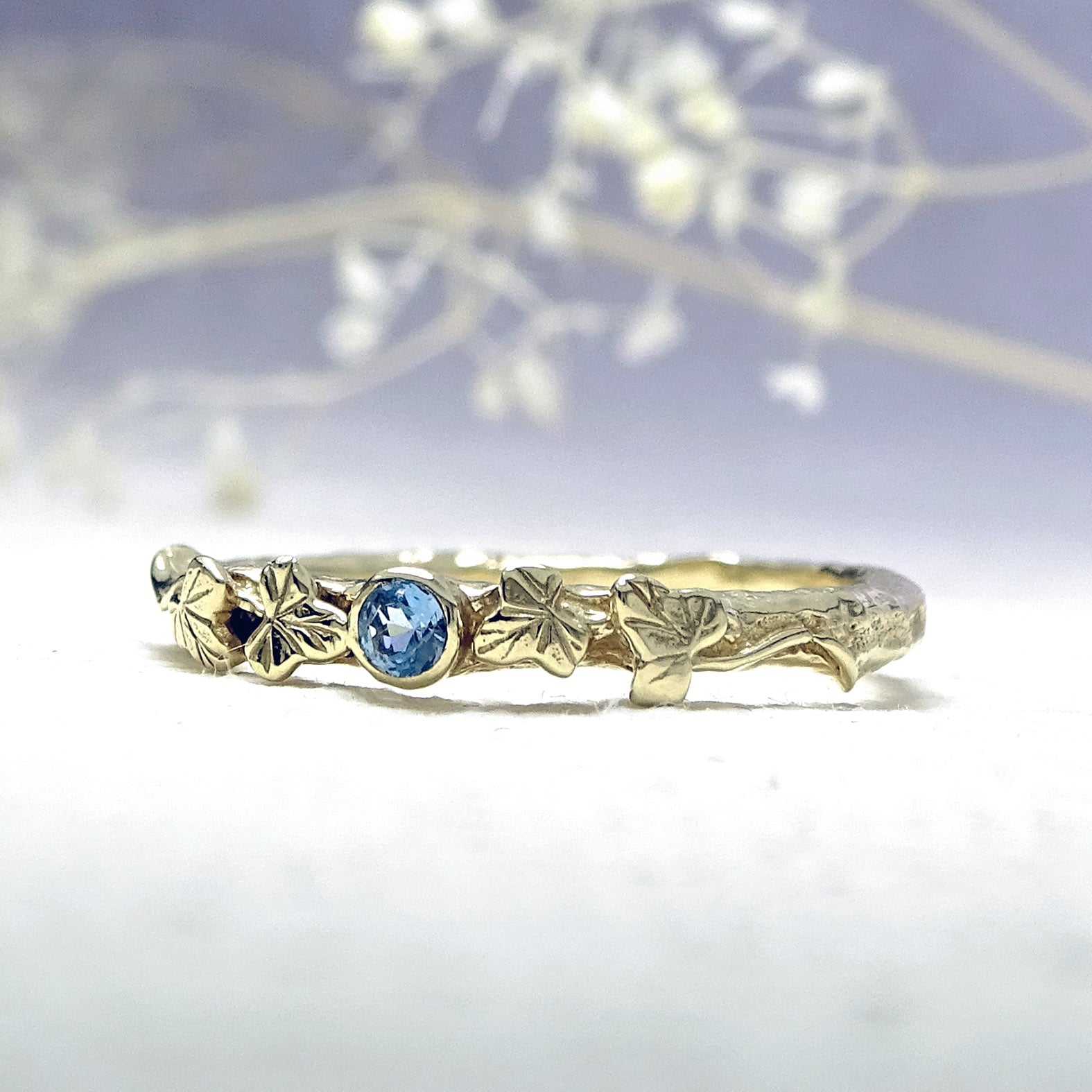 Entwining Ivy Leaves ring, Aquamarine, 2.5mm, 9ct gold