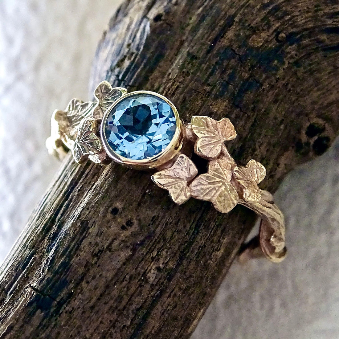 Entwining Ivy Leaves ring, 5mm Aquamarine, 9ct yellow gold