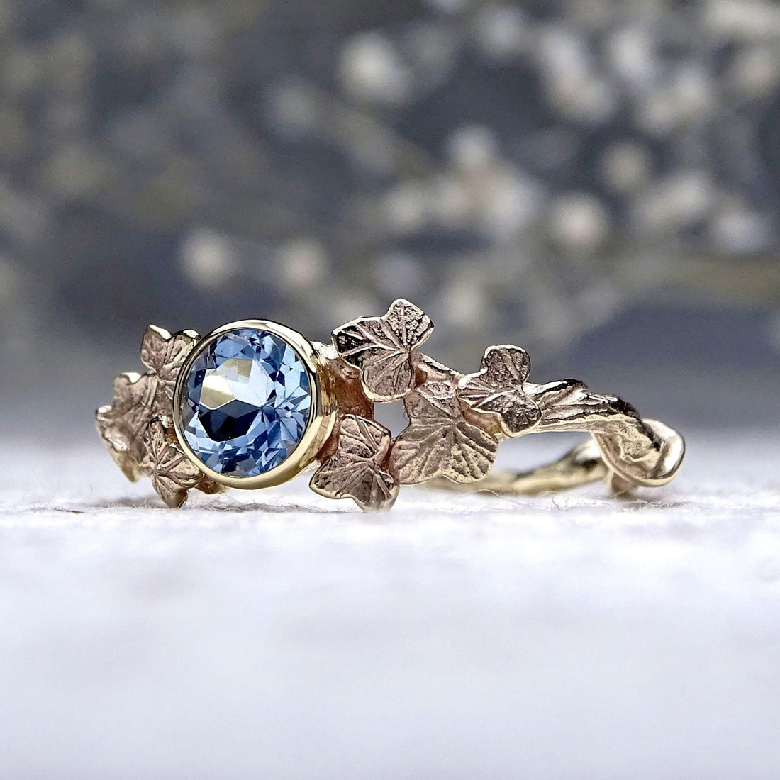 Entwining Ivy Leaves ring, 5mm Aquamarine, 9ct yellow gold