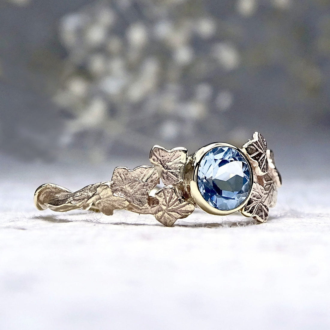 Entwining Ivy Leaves ring, 5mm Aquamarine, 9ct yellow gold