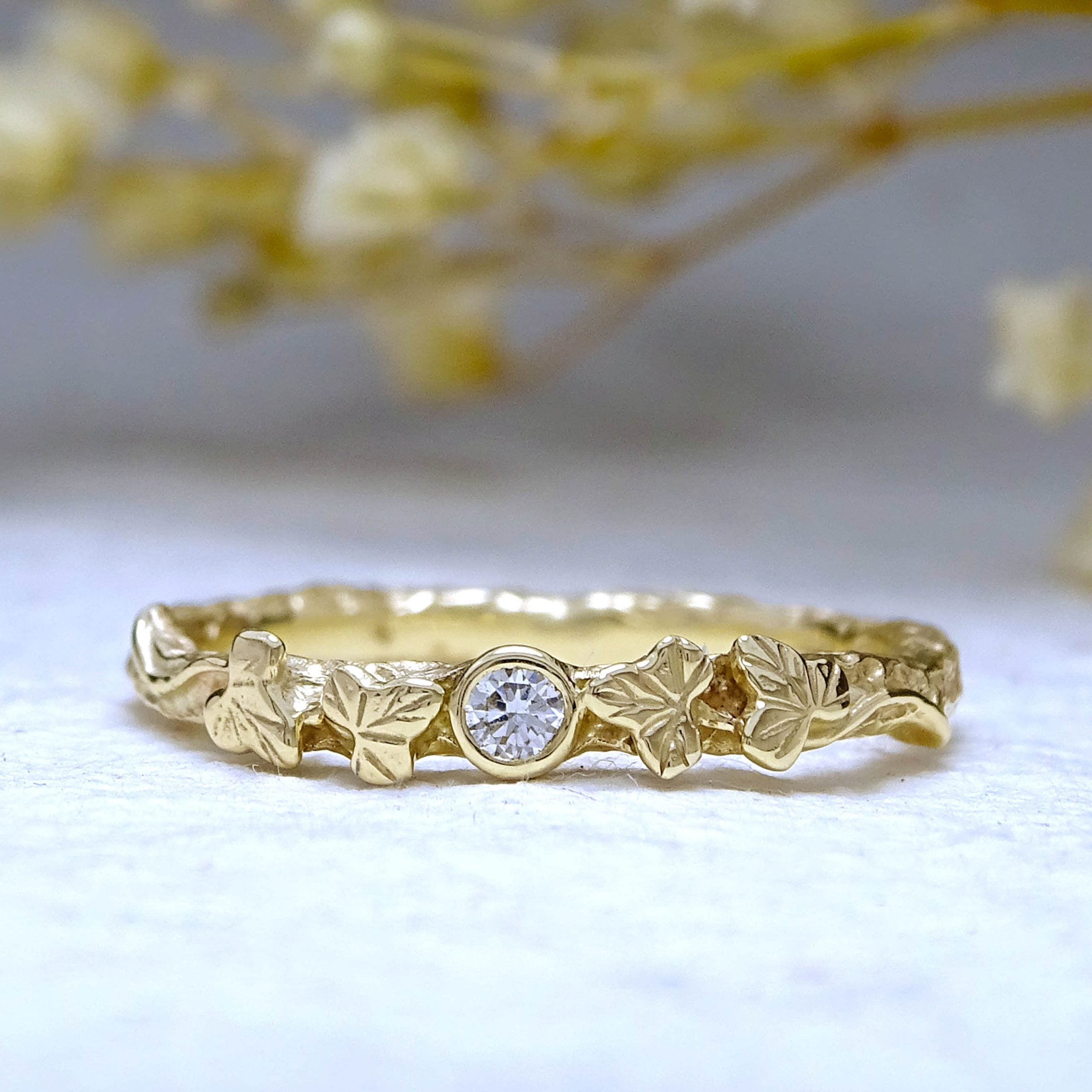 Entwining Ivy Leaves ring, 2.5mm Diamond, 9ct yellow gold