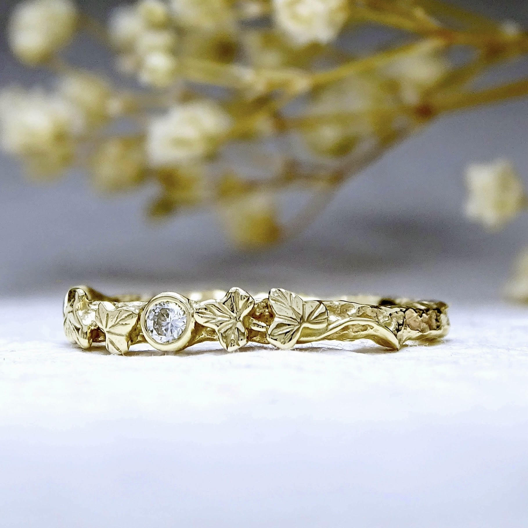 Entwining Ivy Leaves ring, 2.5mm Diamond, 9ct yellow gold