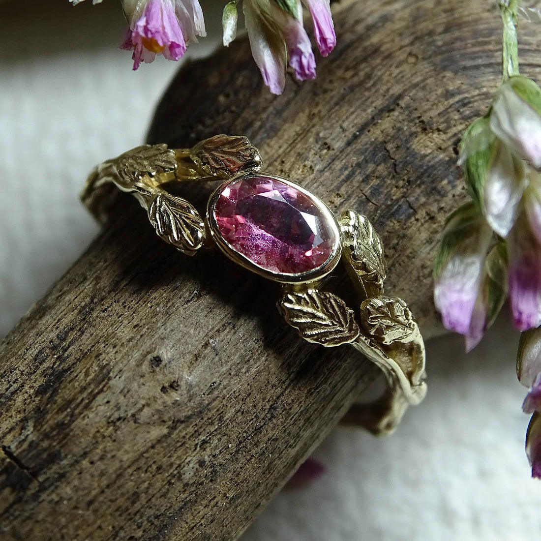 Entwining leaves ring, Pink Tourmaline 6mm x 4mm, 9ct gold