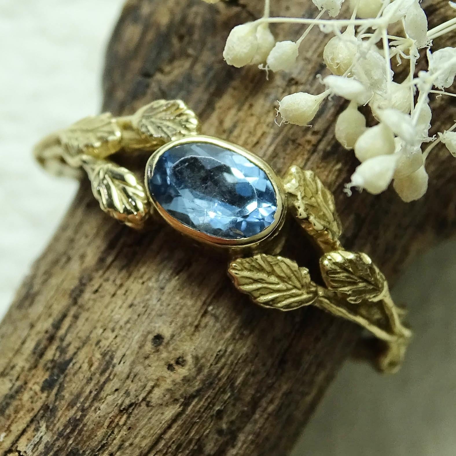 Entwining Leaves ring, Aquamarine 6mm x 4mm, 9ct gold