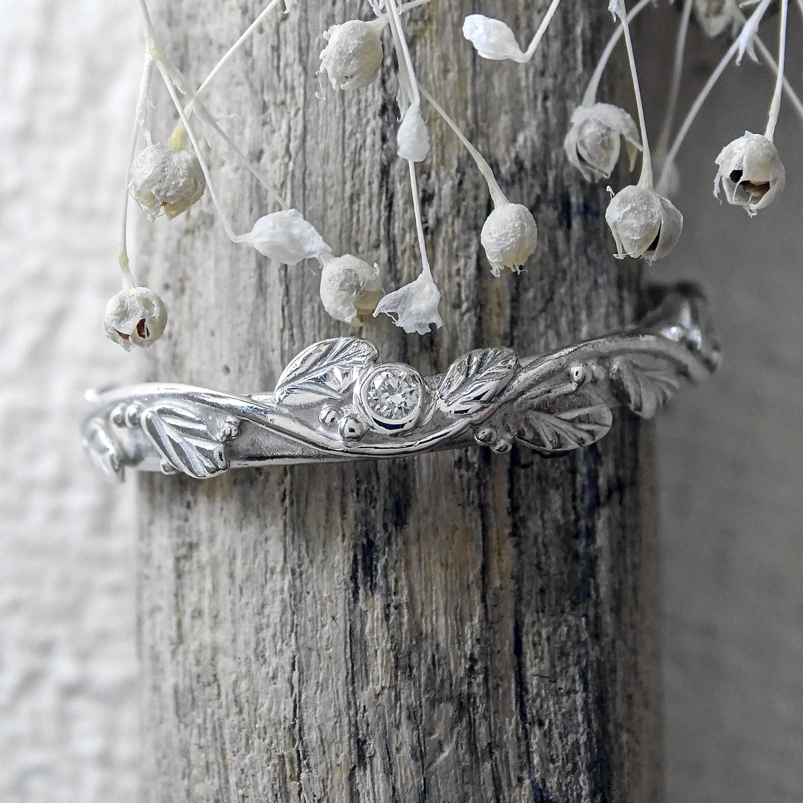 Entwining Leaves Ring, 1.75mm Diamond, Silver