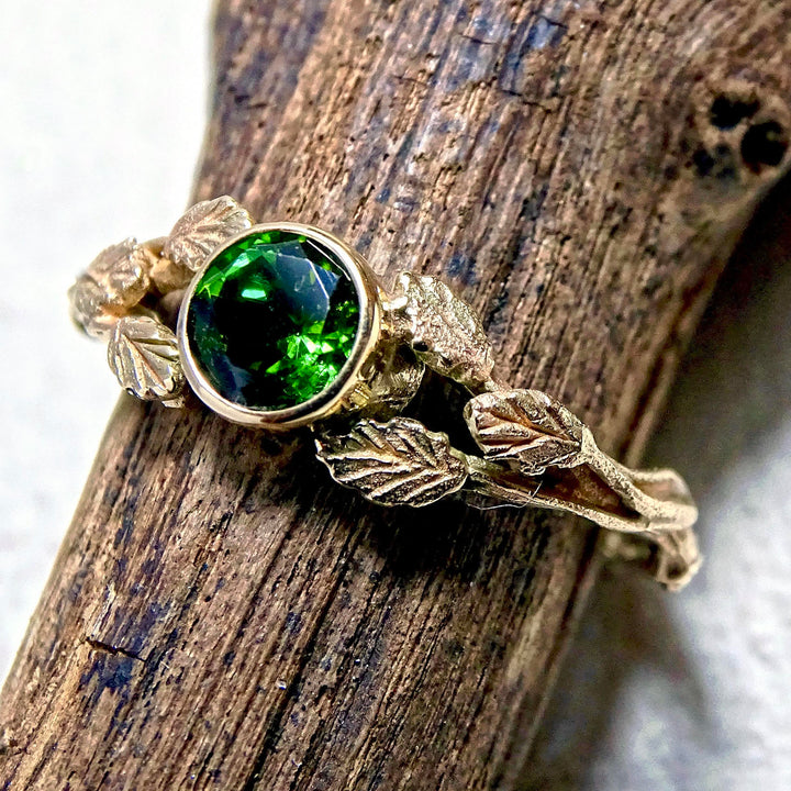 Entwining Leaves ring, 5mm Green Tourmaline, 9ct yellow gold
