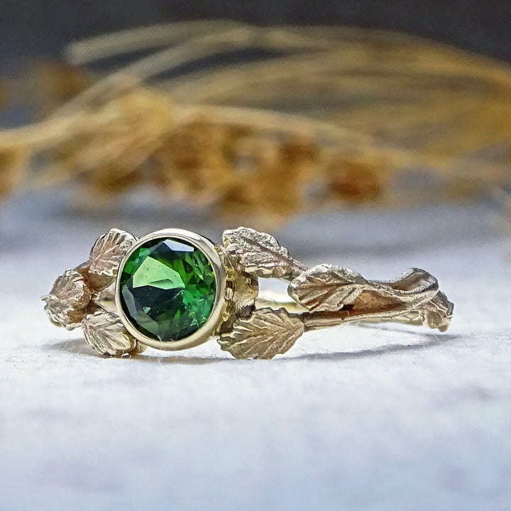 Entwining Leaves ring, 5mm Green Tourmaline, 9ct yellow gold